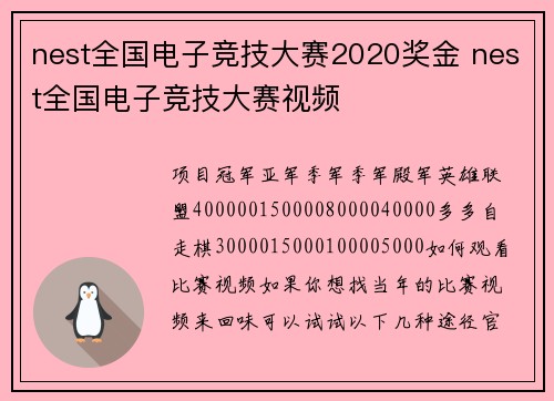 nest全国电子竞技大赛2020奖金 nest全国电子竞技大赛视频